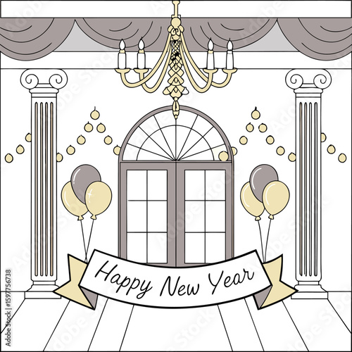 Elegant new year s eve celebration with balloons a chandelier classical columns and a grand arched doorway adorned with festive lights and a happy new year banner