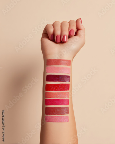 Close up of female forearm displaying swatches of various matte and glossy lip colors neutral background. vibrant shades create appealing visual contrast, showcasing range of hues from soft pinks