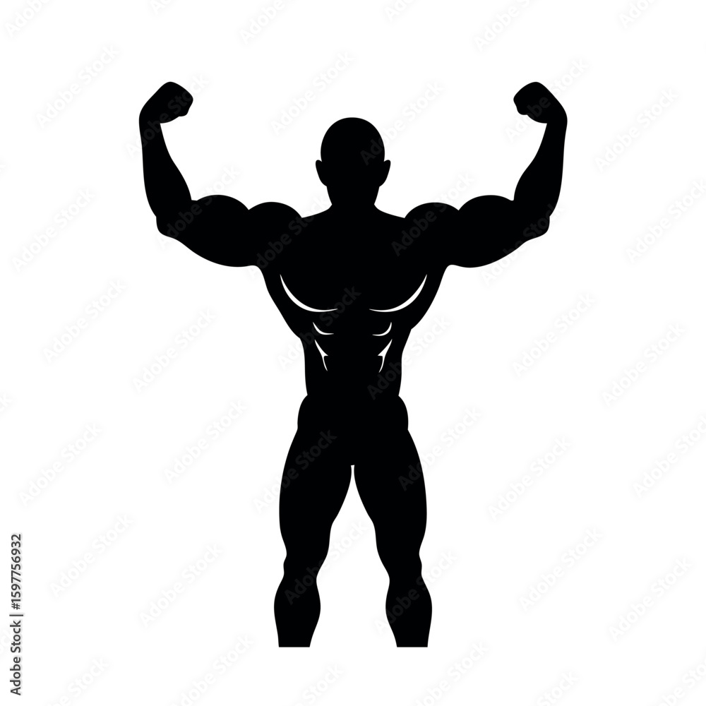 Fototapeta premium Bodybuilder posing with arms raised in victory stance silhouette Art Vector illustration