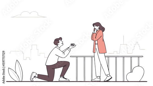 Man on one knee proposes to surprised woman on balcony with city skyline and heart decoration in simple line art style