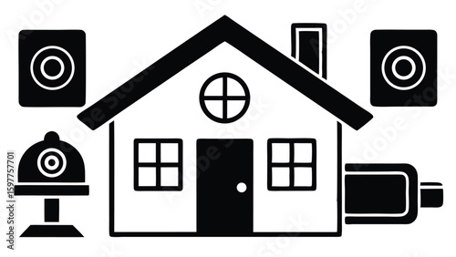 Smart Home Security System Vector Illustration with Electronic Elements and Animal Illustration