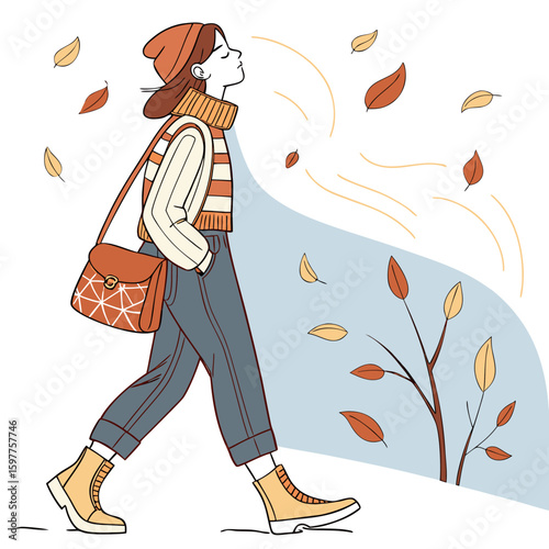 A young woman walks confidently through a gentle autumn breeze enjoying the crisp air and falling leaves in a stylish outfit