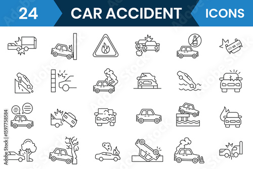 Car accident icon set. Car accident related line icons vector, collision, crash, breakdowns, road obstacles, warning signs and more. Vector illustration.