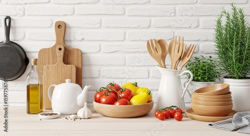 Rustic kitchen scene with fresh produce and utensils