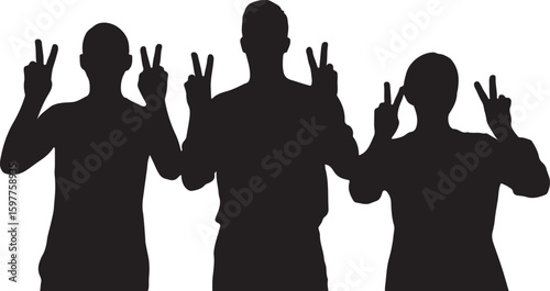 A striking silhouette of three individuals standing together, each raising two fingers to form a peace sign. The silhouette style emphasizes their unity.