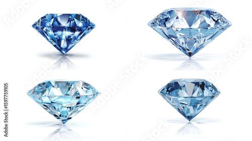 Four high-resolution images showcasing brilliant-cut,  faceted blue diamonds with varying shades and reflections, isolated on a white background, ideal for jewelry design or promotional materials