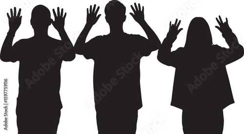 Three people raising their hands in surrender silhouette