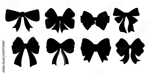 Collection of full black bow silhouettes in various styles, bow, silhouette, black, collection, ribbon, design, decoration, set, shape, vector,
