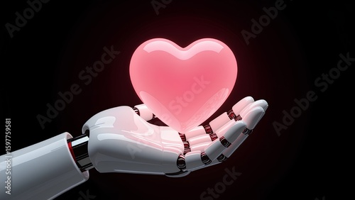 A futuristic robot hand gently holds a glowing pink heart, a concept for love, romance, healthcare technology, organ donation, and AI with human emotions. 3D render isolated on a black ba