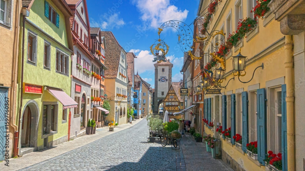 Fototapeta premium Charming street view in Rothenburg with medieval gate