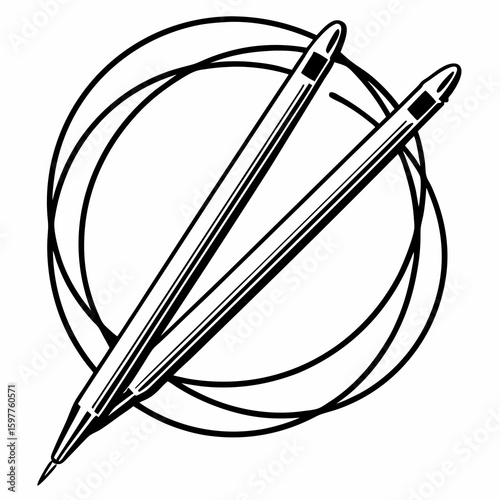 Black knitting needles crossed over circular loops craft