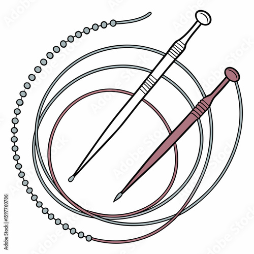 Circular knitting needles with beads and cables vector