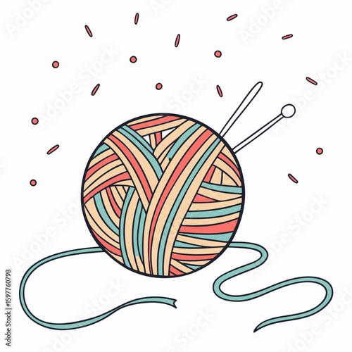 Colorful yarn ball with knitting needles and loose thread craft hobby