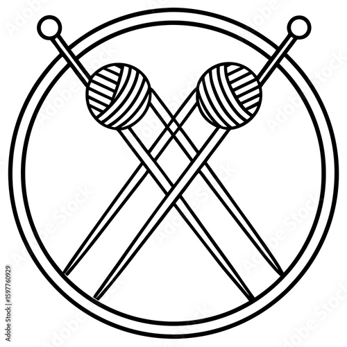 Crossed knitting needles with yarn balls inside circle craft hobby