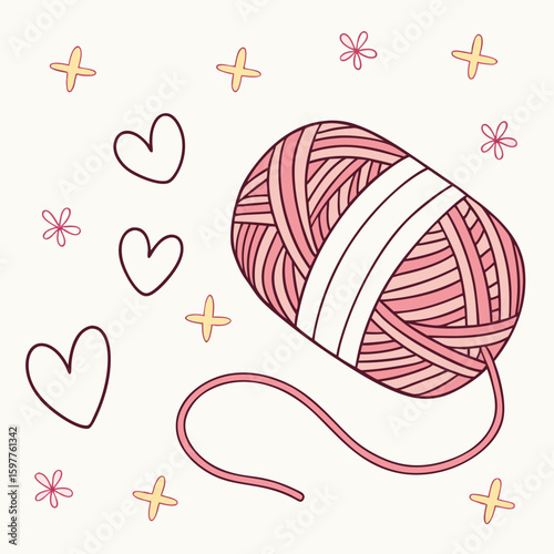 Pink yarn skein with hearts and star shapes knitting craft