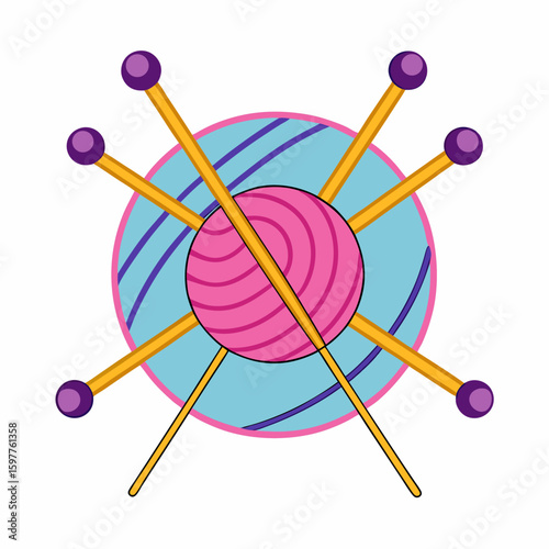 Pink yarn ball with purple tipped knitting needles and blue striped background craft hobby