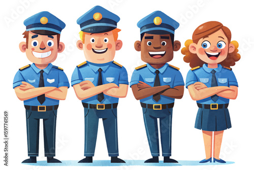 set of police officers standing confidently with arms crossed and smiling cartoon vector. Law enforcement characters, security service, uniformed personnel, isolated on white background