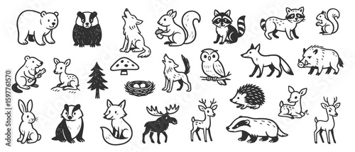 Forest animals doodle icon set. Cute hand drawn sketch illustrations of fox, deer, squirrel, bear, rabbit, raccoon, owl. Black and white cartoon art for woodland nature collection.