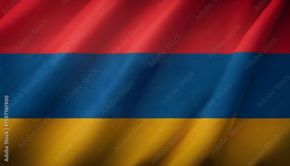 Naklejka premium Flag of Armenia gently waving in a soft breeze against a blurred background, symbolizing national pride and identity in a serene outdoor setting Generative AI