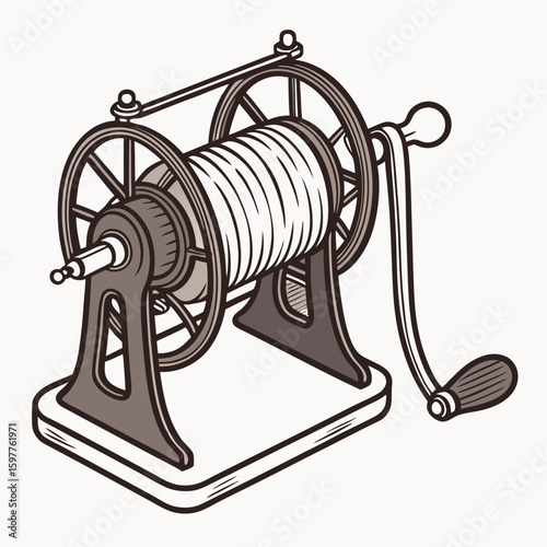 Antique yarn winder mechanism with crank and spool vector