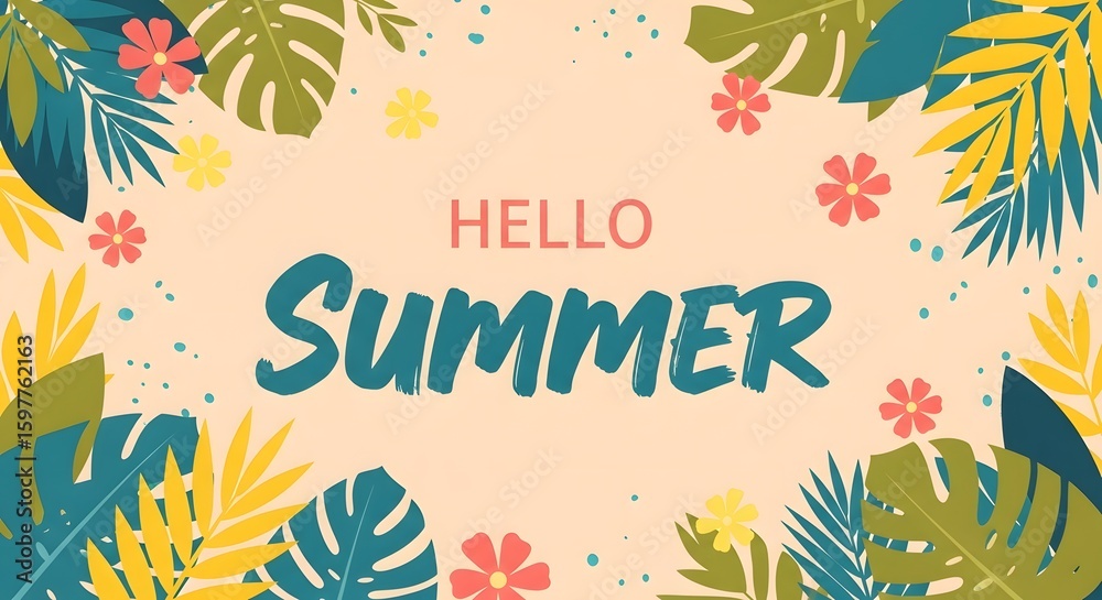 Obraz premium Hello summer tropical leaves and flowers greeting background.
