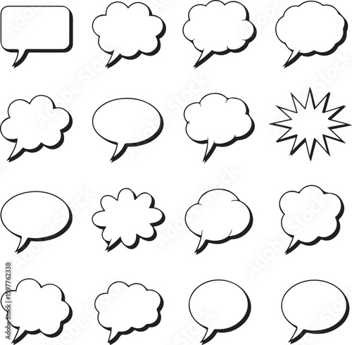 Speech Bubble Collection 16 Black and White Comic-Style Dialog, Thought, and Shout Balloons with Shadow Effects