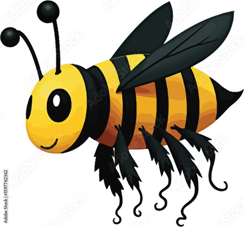 Vector art of a cheerful cartoon bee with fuzzy legs, isolated on white background