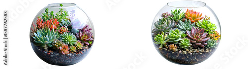 A glass terrarium filled with vibrant succulents, pebbles, and soil, showcasing a variety of colors and textures in a spherical container