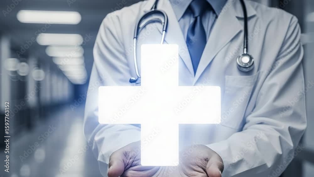 Doctor in lab coat holds glowing medical cross in hospital hallway Doctor in lab coat holds glowing medical cross in hospital hallway