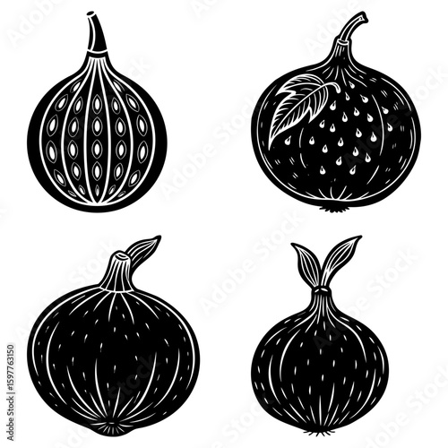Four black and white fig illustrations with varying details and styles on a white background display