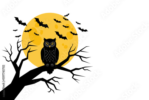 A spooky Halloween illustration of an owl perched on a branch with bats flying in front of a full moon