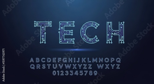 Futuristic circuit board font design with the word tech and full alphabet and numbers