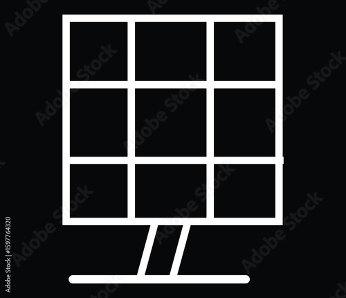 Minimalist vector icon of a solar panel, representing renewable energy, sustainability, and clean power solutions. Designed in white on a black background, this symbol is ideal for eco technology web.