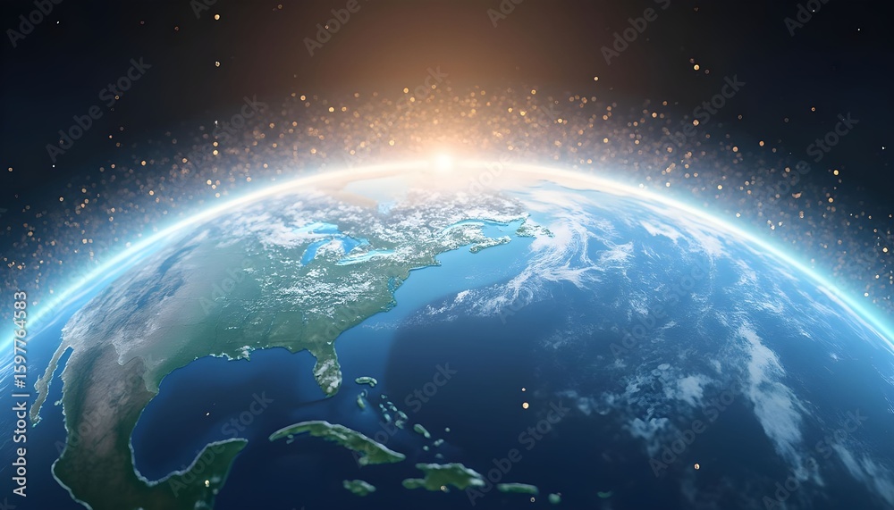 Fototapeta premium Earth viewed from space during sunrise over the Atlantic Ocean showcasing vibrant colors and scattered stars Generative AI