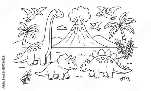 Cute dinosaur coloring page with volcano and prehistoric landscape