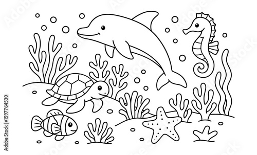Underwater adventure with dolphin and friends in a playful outline design
