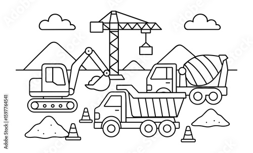 Construction site vehicles in outline style with modern machines and cranes