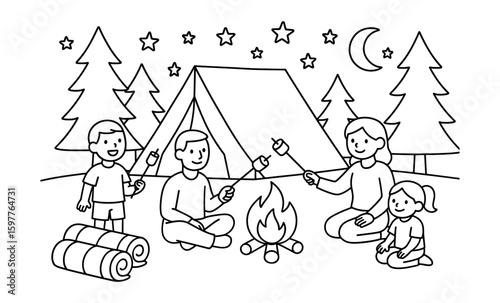 Family camping adventure: nighttime campfire and marshmallow fun
