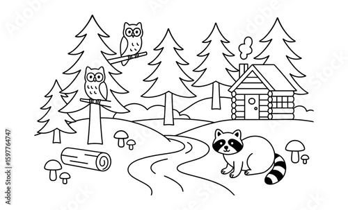 Tranquil woodland scene with cute woodland creatures by a cozy cabin