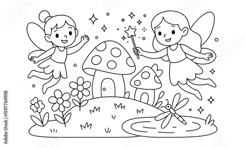 Fairy garden adventure: coloring book page with magic and fun