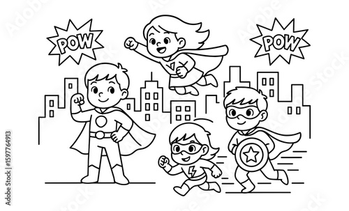 Cartoon super kids in capes with city skyline and comic book style