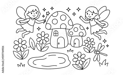 Enchanting fairyland with mushrooms and flowers in black and white for kids' coloring fun