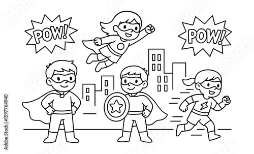 Kids as superheroes in comic book style city adventure outline