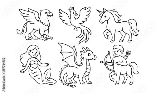 Magical creatures outline set: griffin, hippogriff, unicorn, phoenix, merfolk, centaur, dragon
