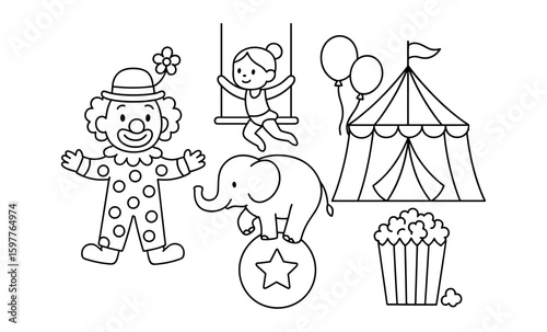 Circus fun: playful black and white outline with clown, acrobat, elephant, and tent