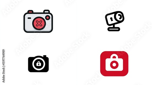 A set of four vector icons depicting camera functions camera disabled, security camera, camera locked, and camera in a red square.  These icons are simple, flat, and suitable for various applications