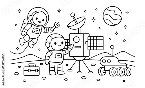 Cute astronauts exploring space with satellite and rover in outlined scene