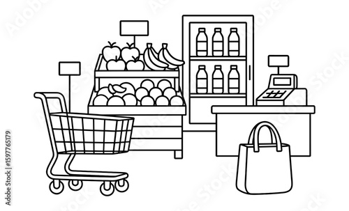 Monochrome grocery shopping scene with cart and produce display
