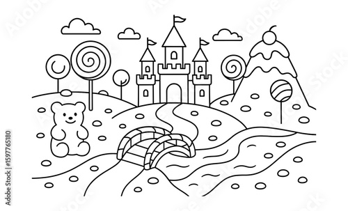 Enchanted candyland with castle and playful bear in outlined art