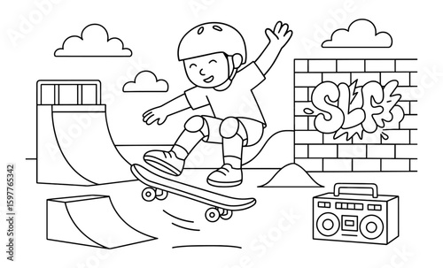 Child skateboarding adventure in urban park with graffiti and boombox